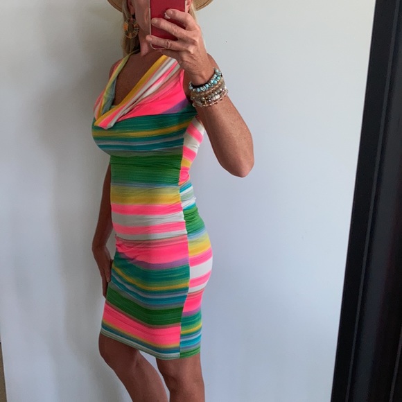 Striped, Draped Neck Fitted Dress - Picture 9 of 16